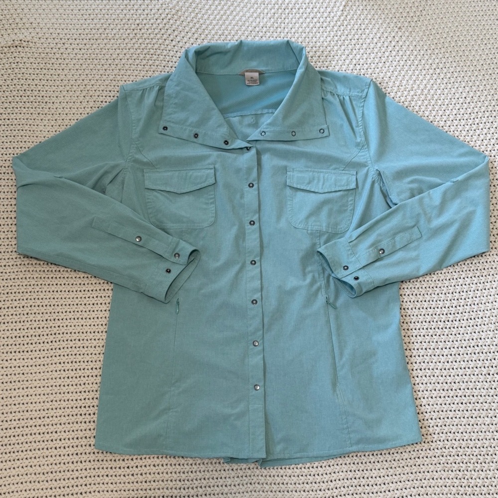Duluth Trading Co Womens XL Sol Survivor Sun Protection Shirt Teal Stripe